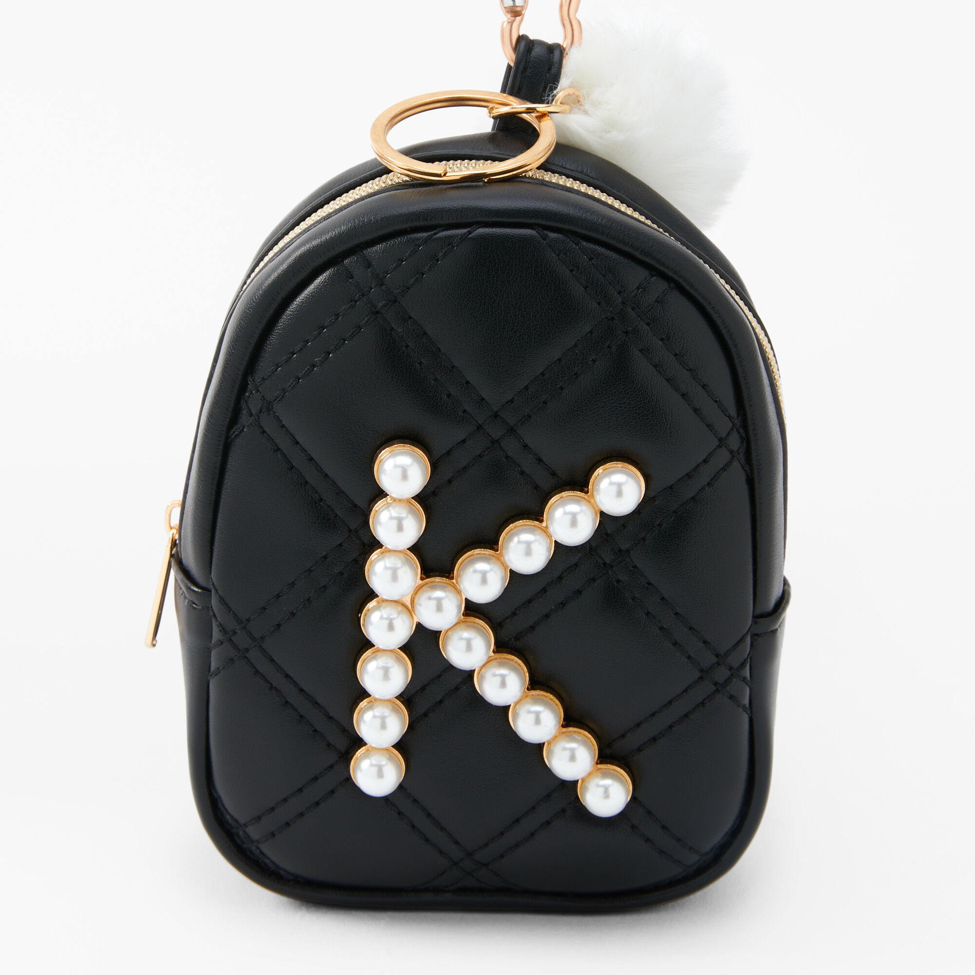 Initial Pearl Mini Backpack Keychain - Black, K,