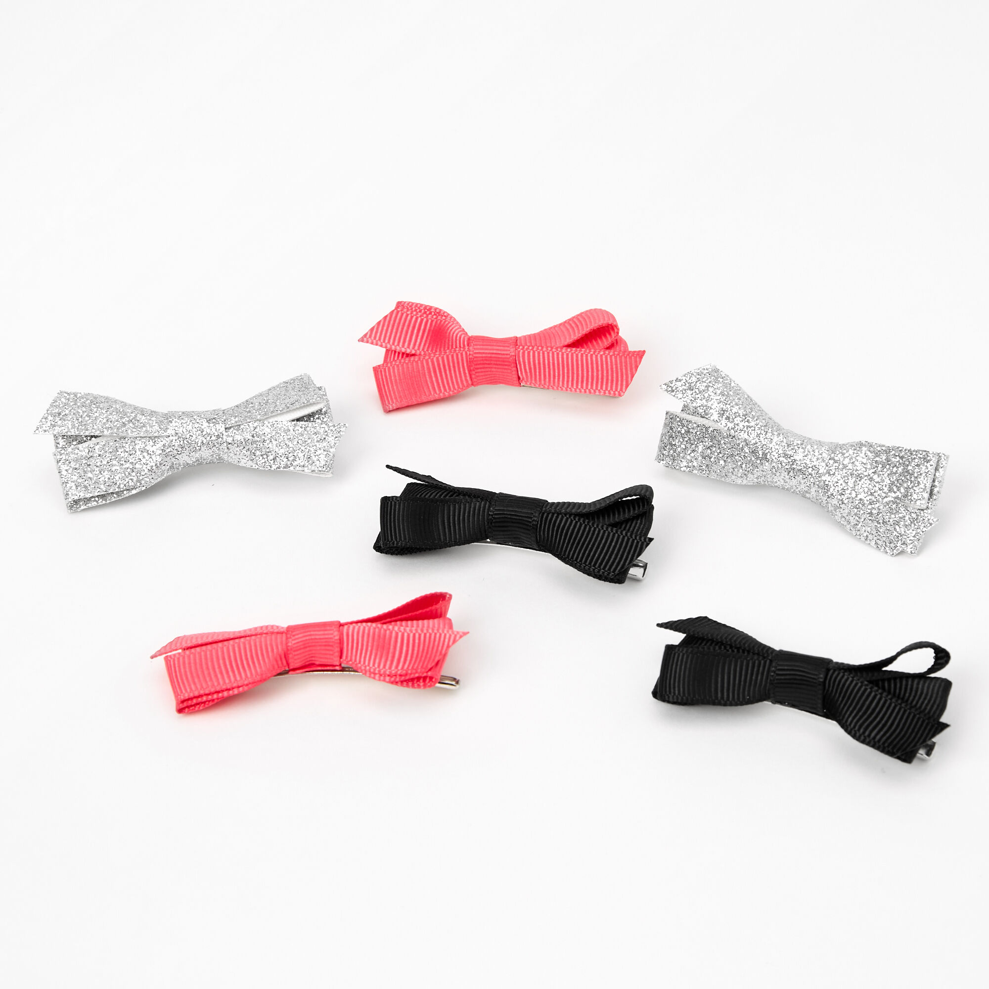 Claire's Club Silver, Pink, & Black Hair Bow Clips - 6 Pack,