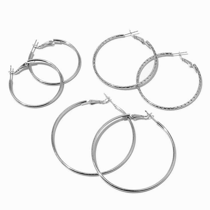 Silver Graduated Hinge Hoop Earrings - 3 Pack,