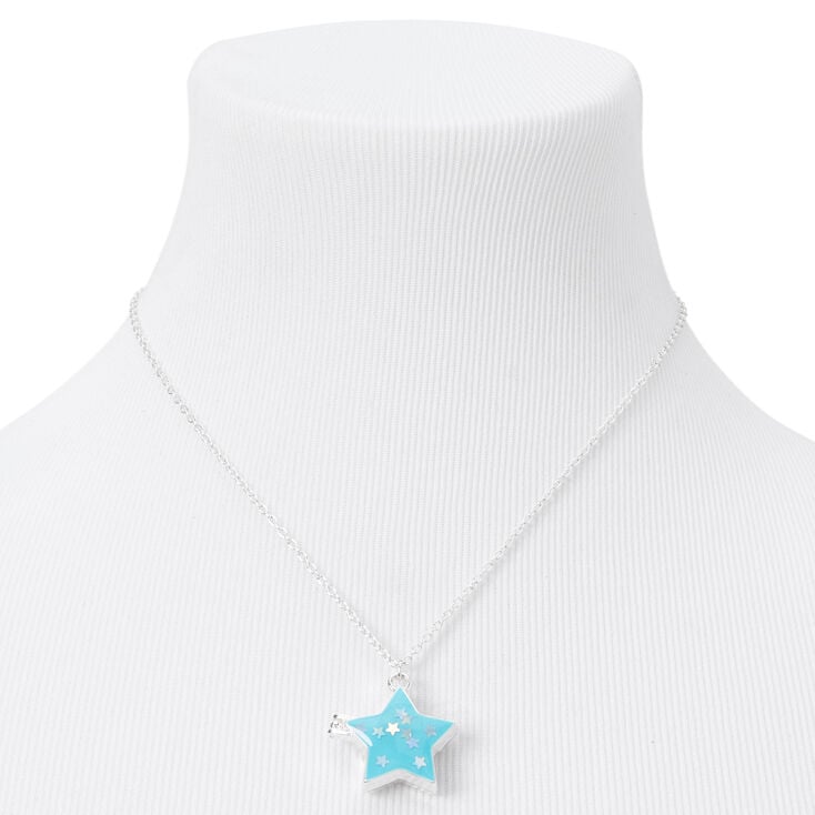 Silver Glow in the Dark Confetti Star Locket Pendant Necklace - Blue,