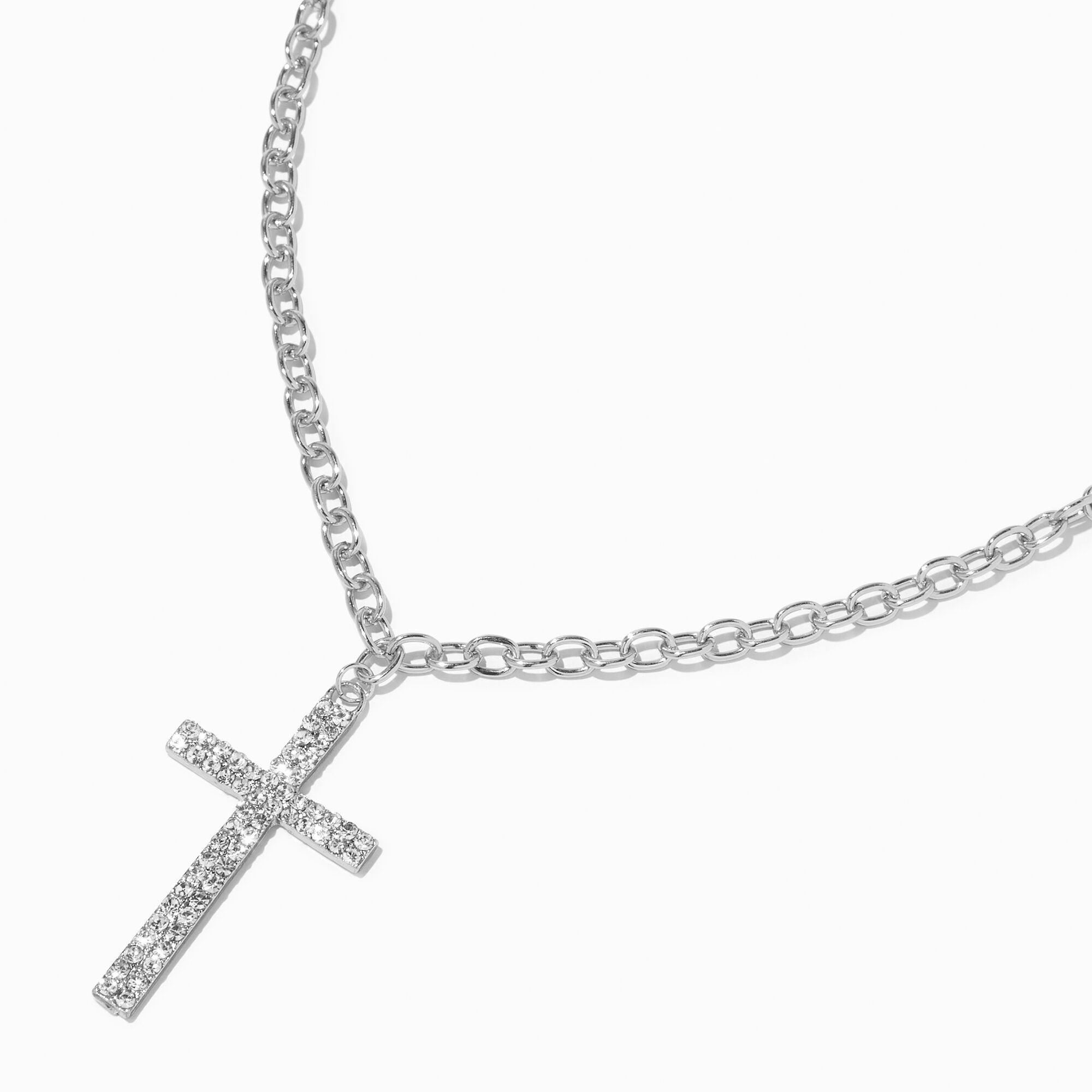 View Claires Tone Crystal Cross Necklace Silver information
