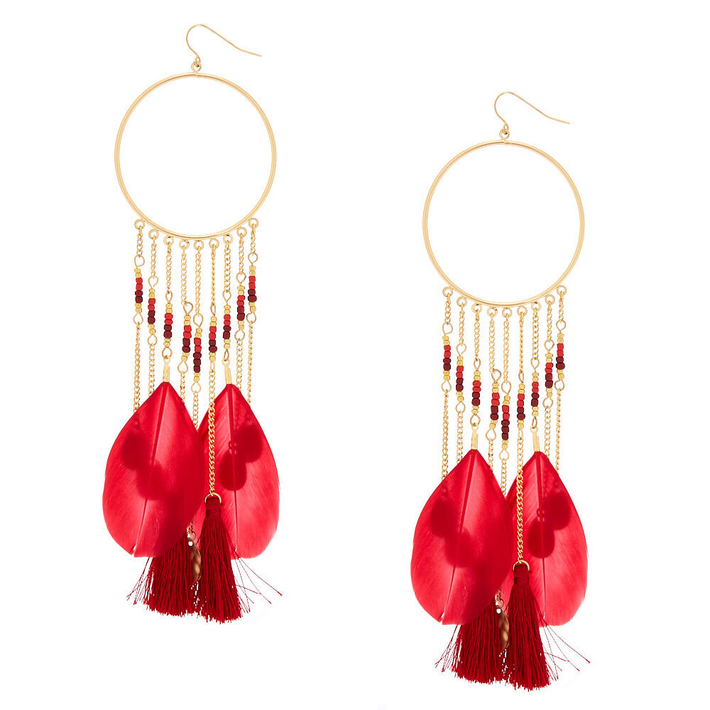 Gold 6 Feather Tassel Drop Earrings Red