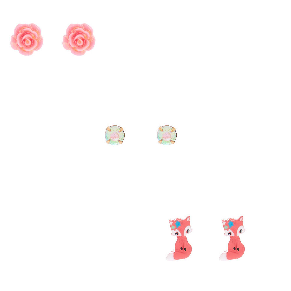Farrah The Fox Stud Earrings - Pink, 3 Pack,