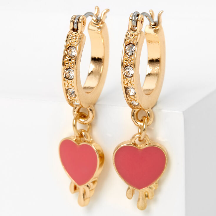 Gold 15MM Crystal Drippy Heart Hinge Hoop Earrings,