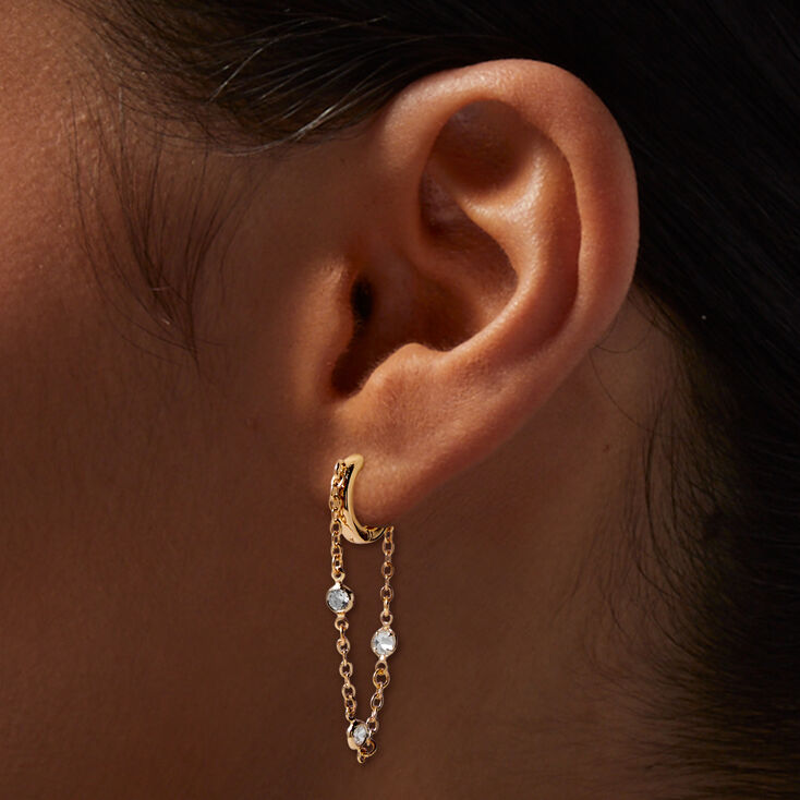 Gold-tone Cubic Zirconia Stacked Dangle Huggie Hoop Earrings,