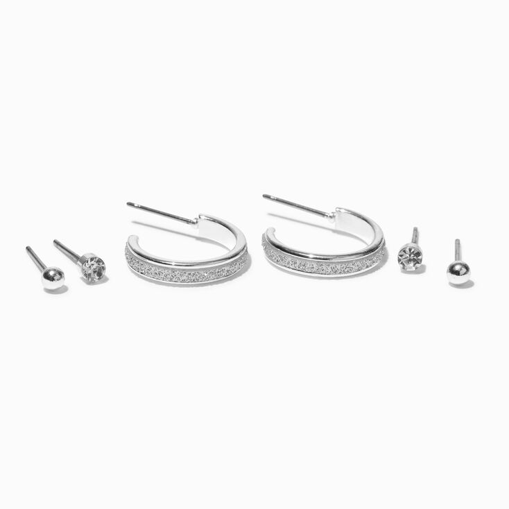 Silver-tone Glitter Hoop Earring Stackables Set - 3 Pack,