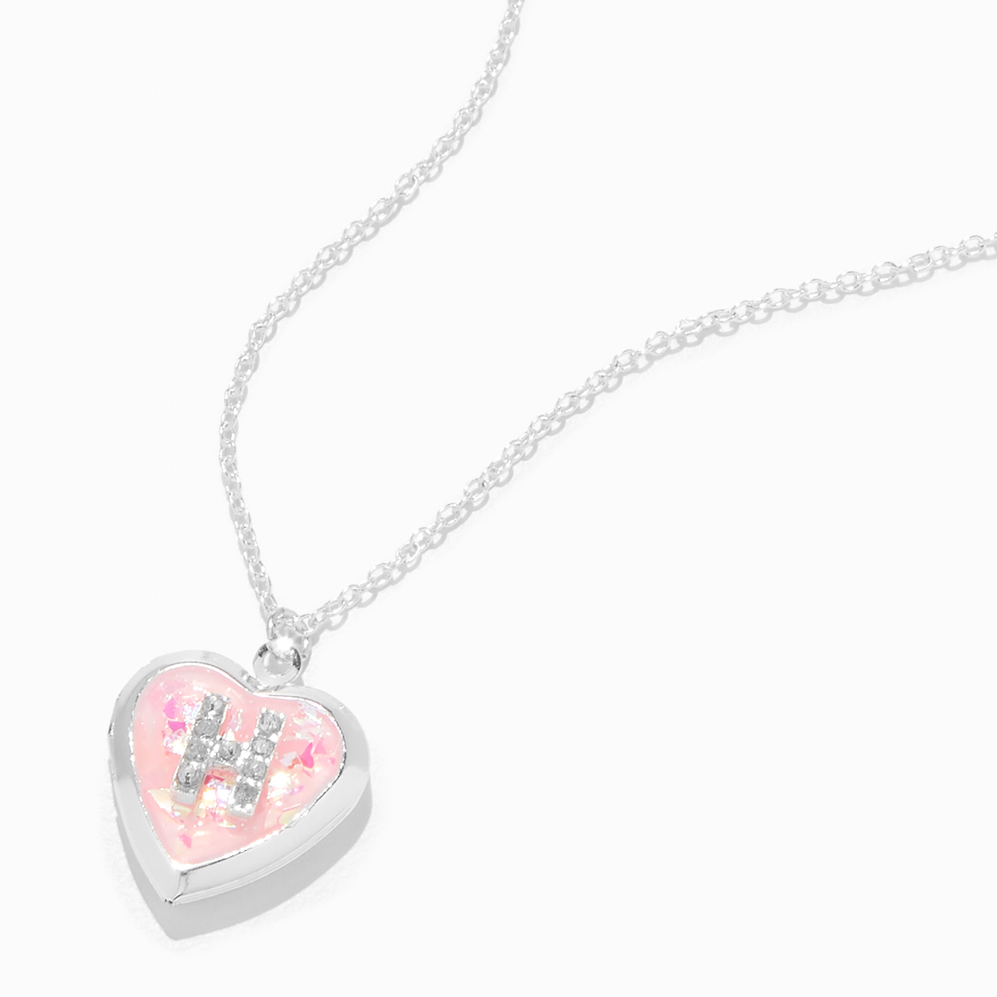 View Claires Embellished Initial Glitter Heart Locket Necklace H Pink information