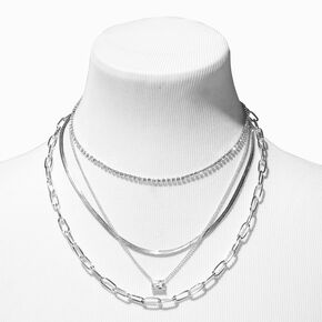 Silver Chainlink Square Crystal Multi-Strand Necklace,