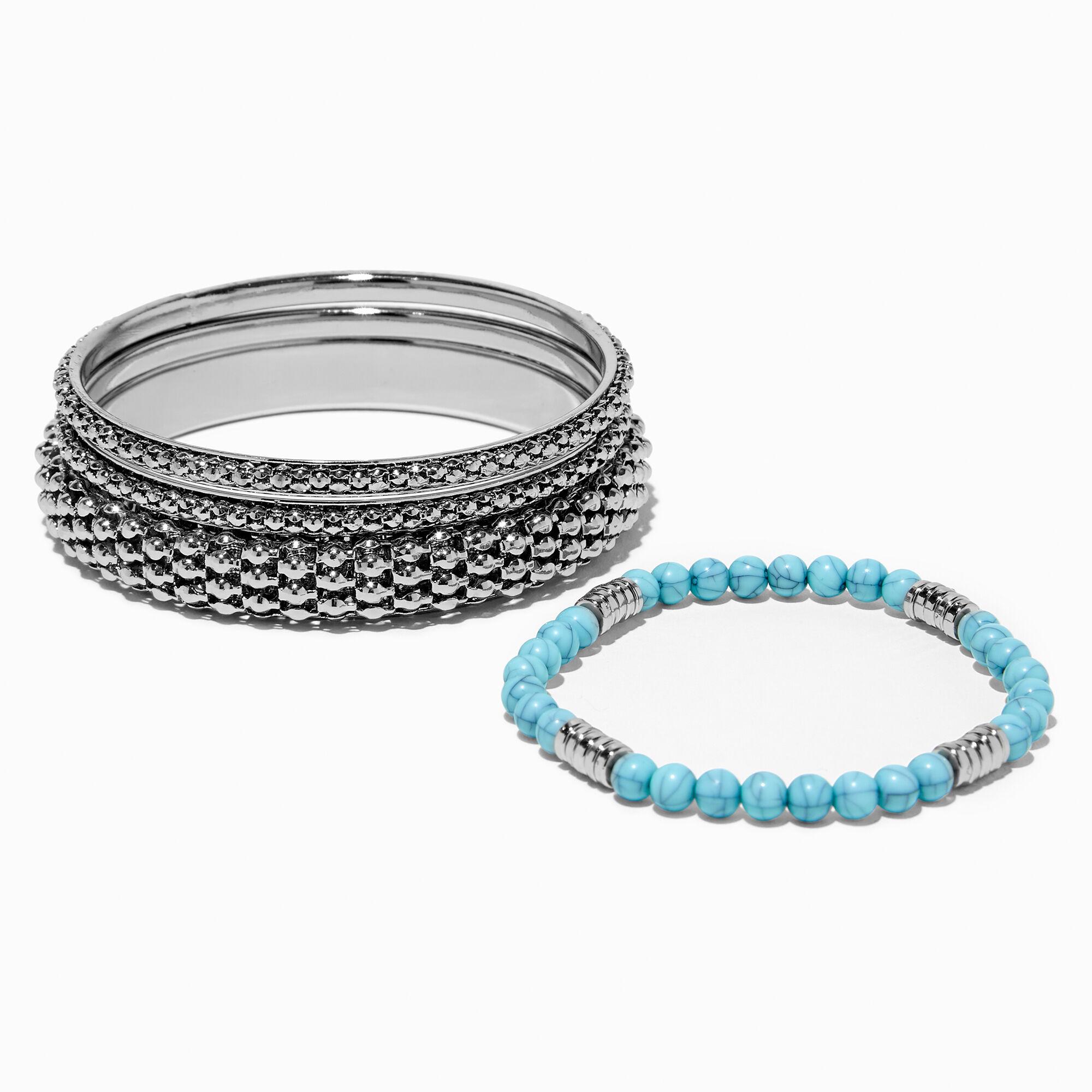 View Claires SilverTone Bangle Beaded Bracelet Set 4 Pack Turquoise information