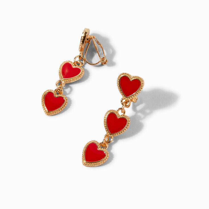 Gold 1.5&quot; Ornate Heart Linear Drop Clip-On Earrings,
