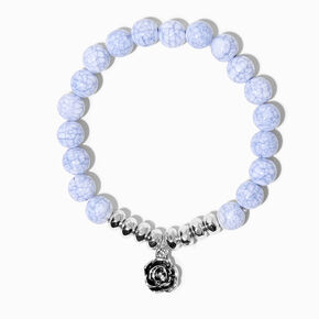 Silver Rose Blue Marble Beaded Stretch Bracelet,