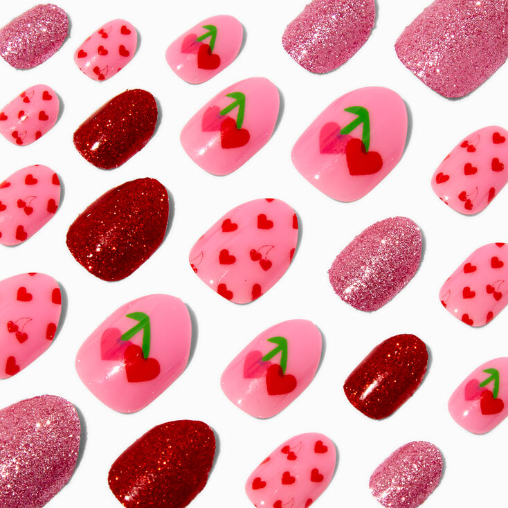 Heart Cherry Valentine&#39;s Day Stiletto Press On Faux Nail Set - 24 Pack,