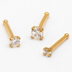 Gold-tone Cubic Zirconia 20G Mixed Size Nose Studs - 3 Pack,