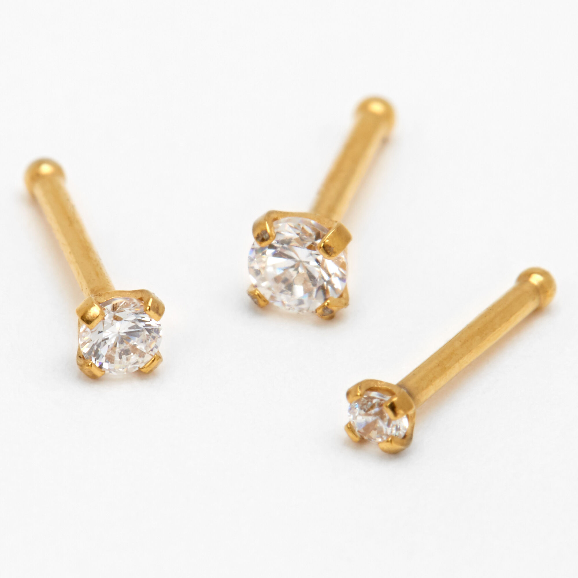 View Claires Tone Cubic Zirconia 20G Mixed Size Nose Studs 3 Pack Gold information