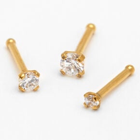 Gold Cubic Zirconia 20G Mixed Size Nose Studs - 3 Pack,