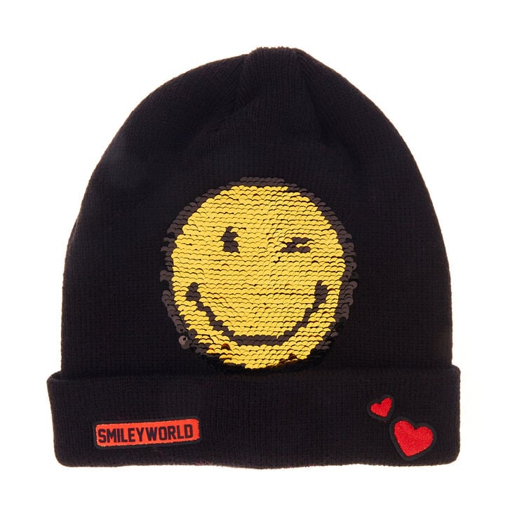 Bonnet noir et jaune &agrave; sequins Smiley World,