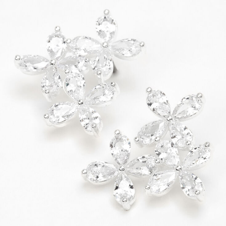 Silver-tone Cubic Zirconia Flower Trio Stud Earrings,