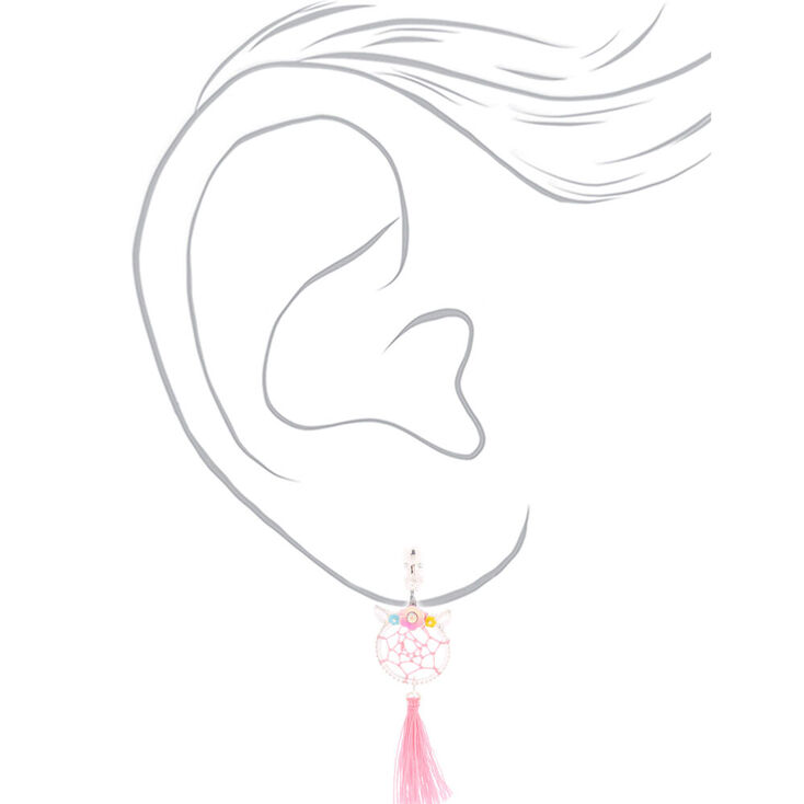 Silver 2&quot; Unicorn Dreamcatcher Clip On Drop Earrings - Pink,
