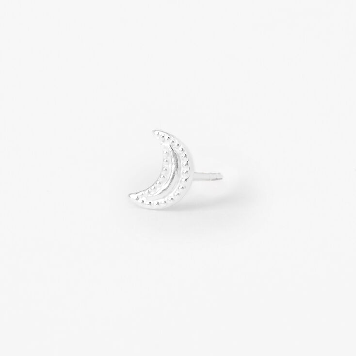 Sterling Silver One Studded Moon Stud Earring,