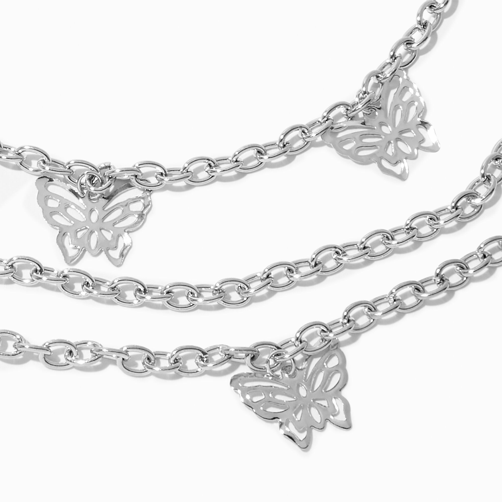 Filigree Butterfly Three Row Silver Jean Chain,