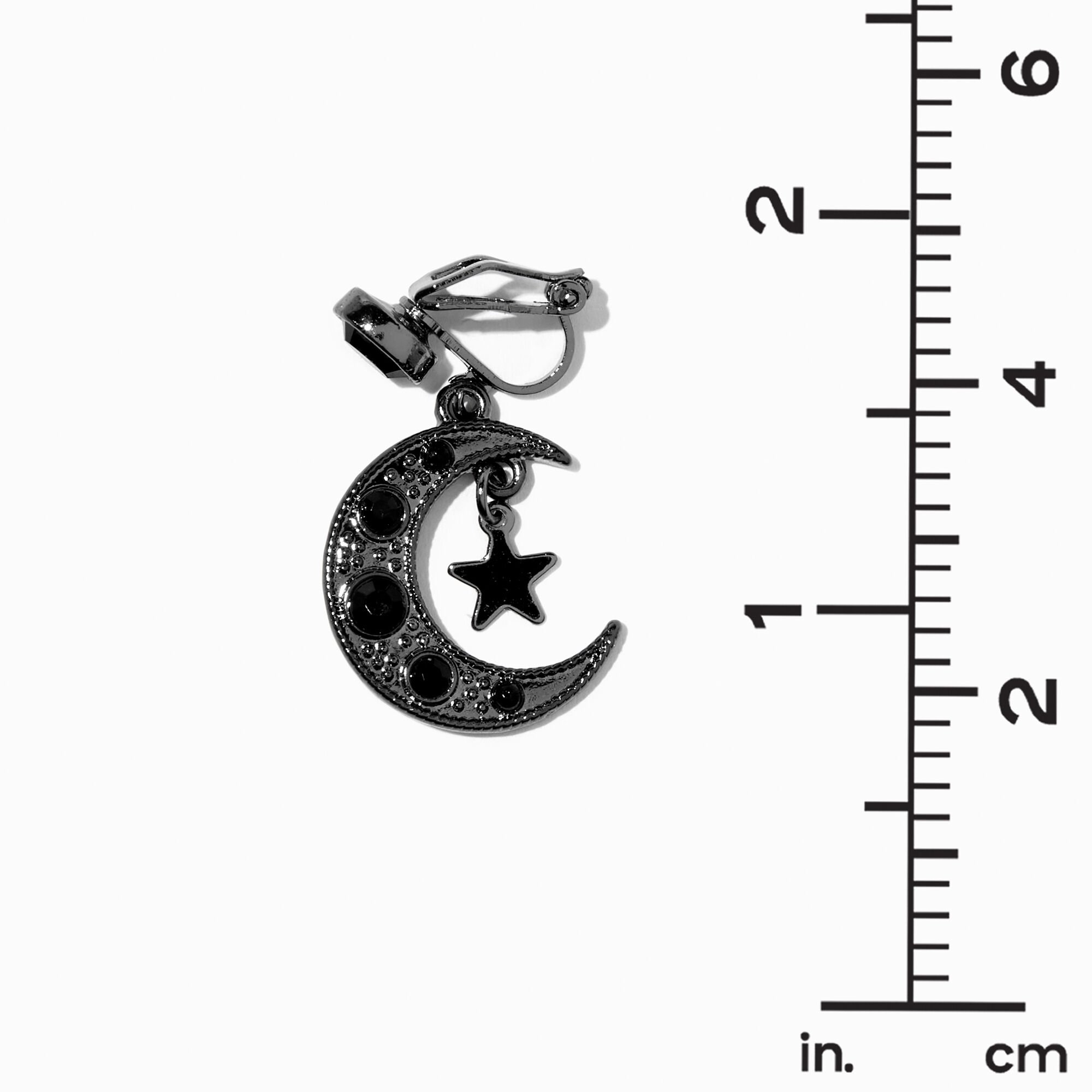 Black Crescent Moon Star 1" Clip-On Drop Earrings,
