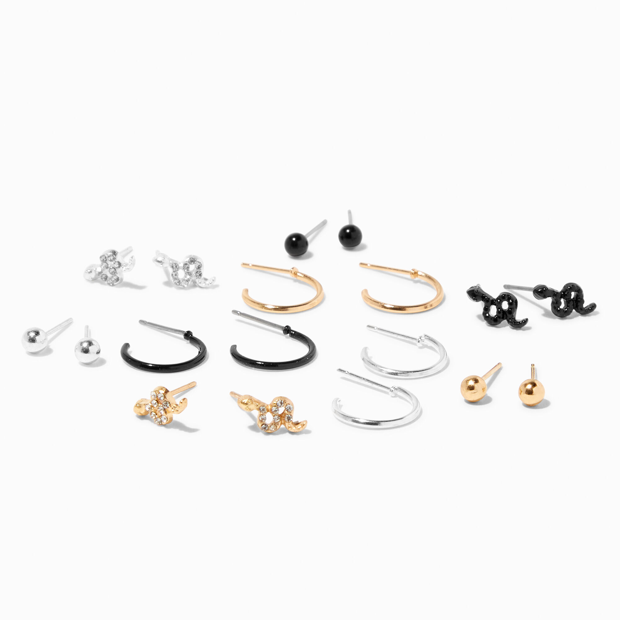 Mixed Metal Snake Stud & Hoop Earrings (9 Pack),