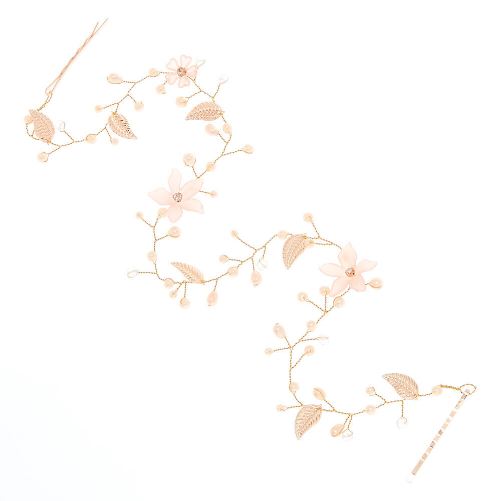 Long Rose Gold-Tone Pink Flower Hair Vine,