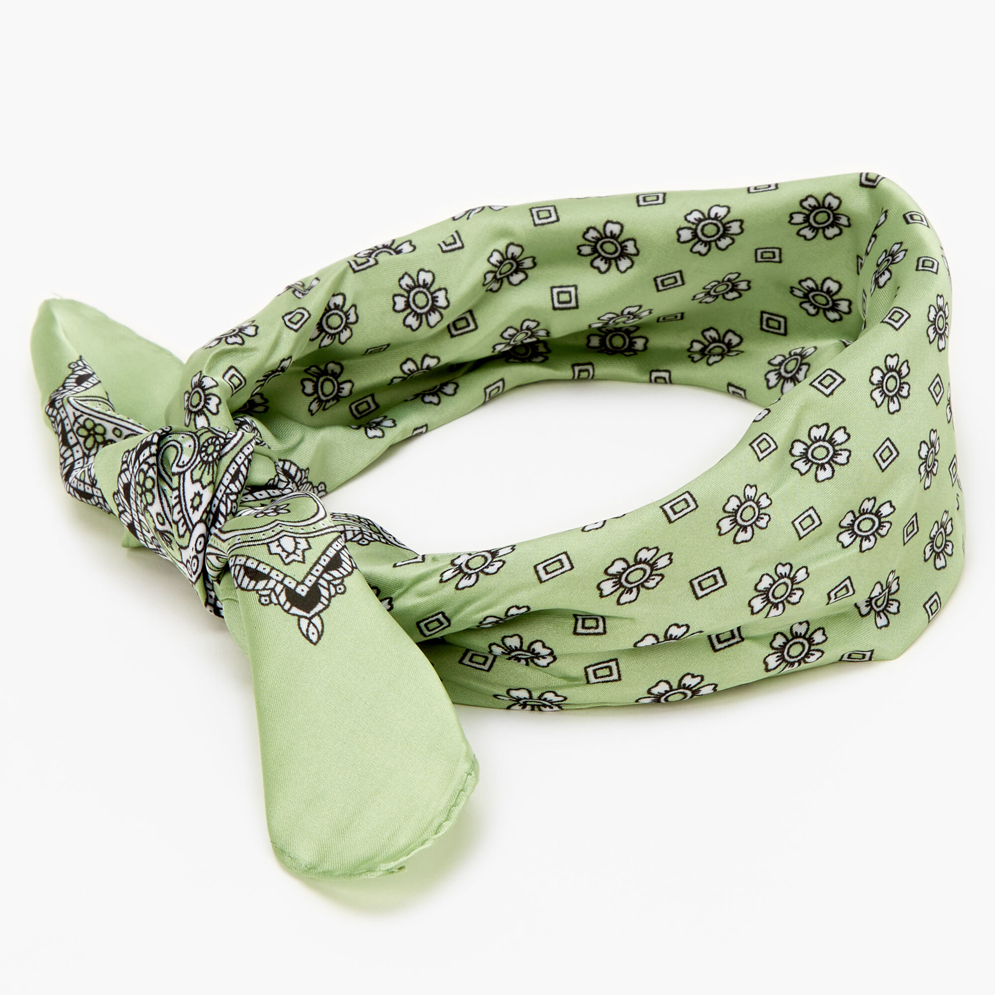 Floral Paisley Silky Bandana Headwrap - Light Green,