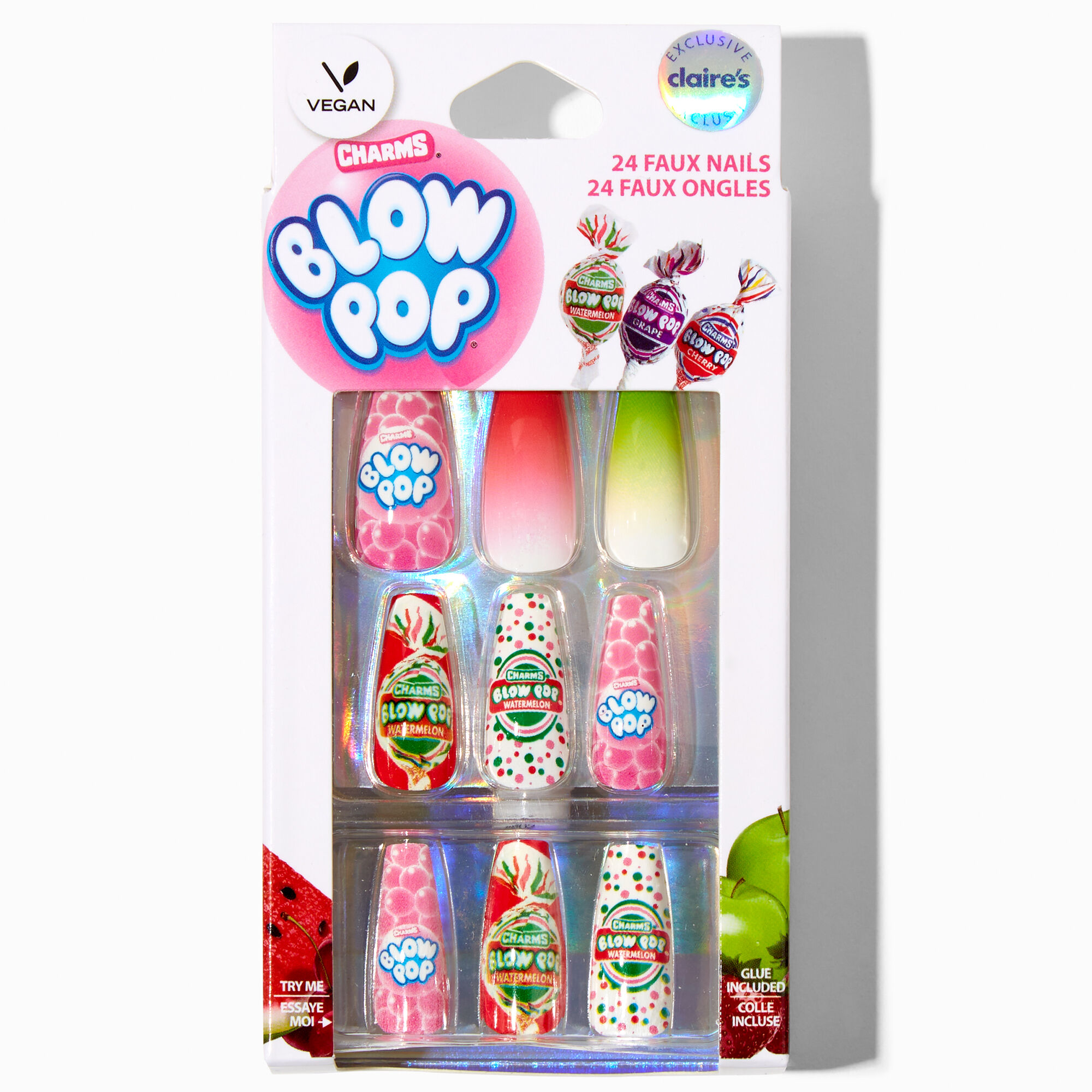 View Charms Blow Pop Bubblegum Claires Exclusive Squareletto Vegan Faux Nail Set 24 Pack information