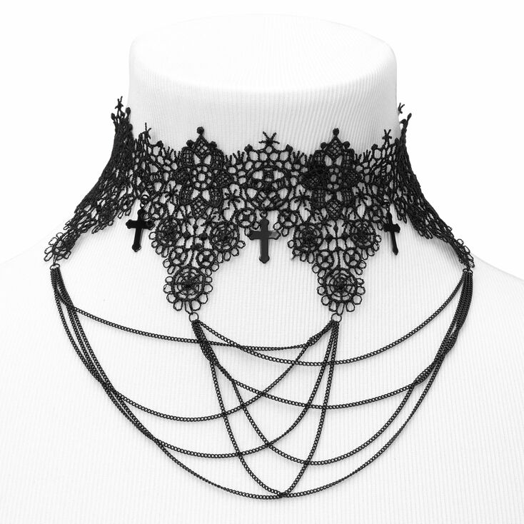 Black Crosses and Chains Lacy Choker Necklace