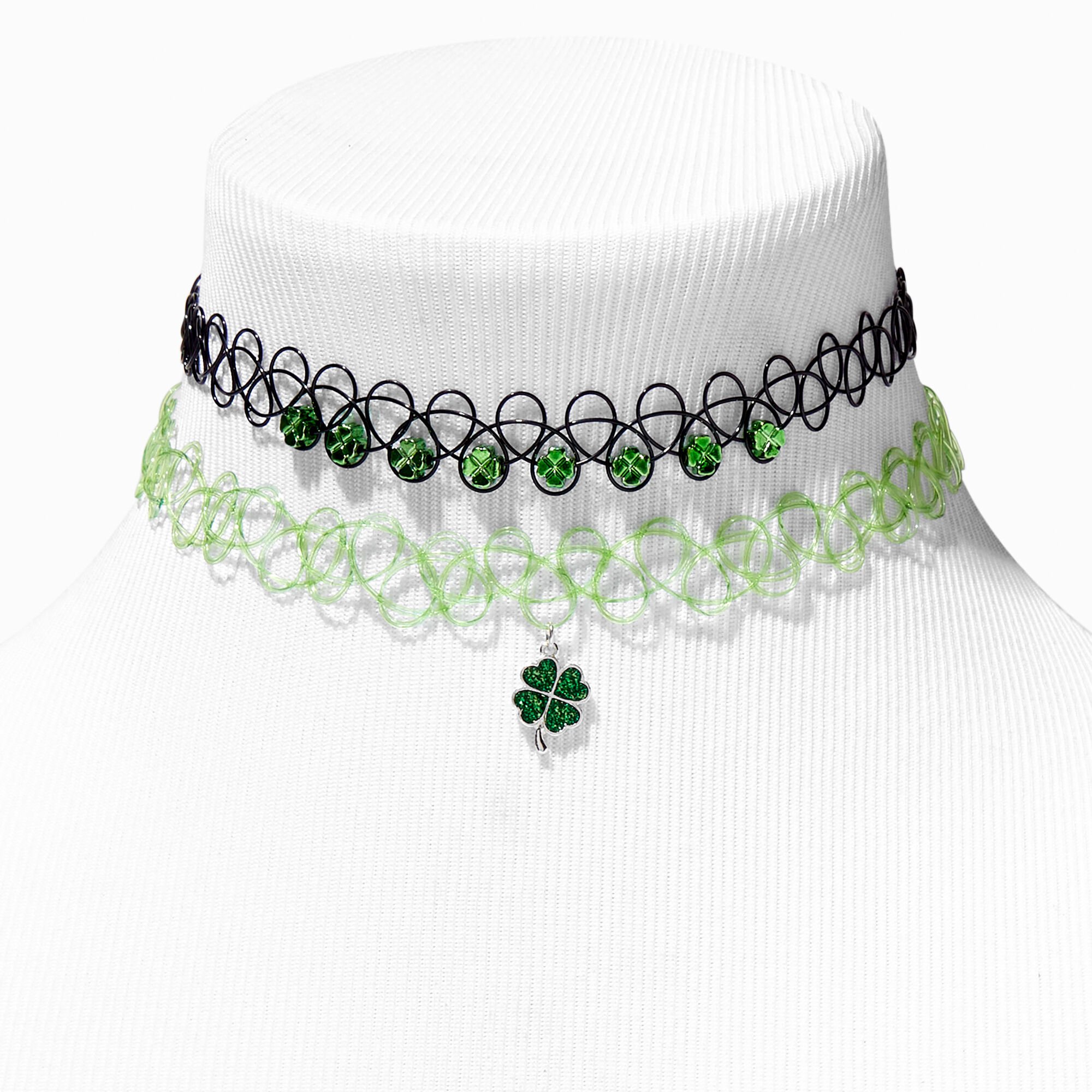 Green Black Shamrock Tattoo Choker Necklaces 2 Pack