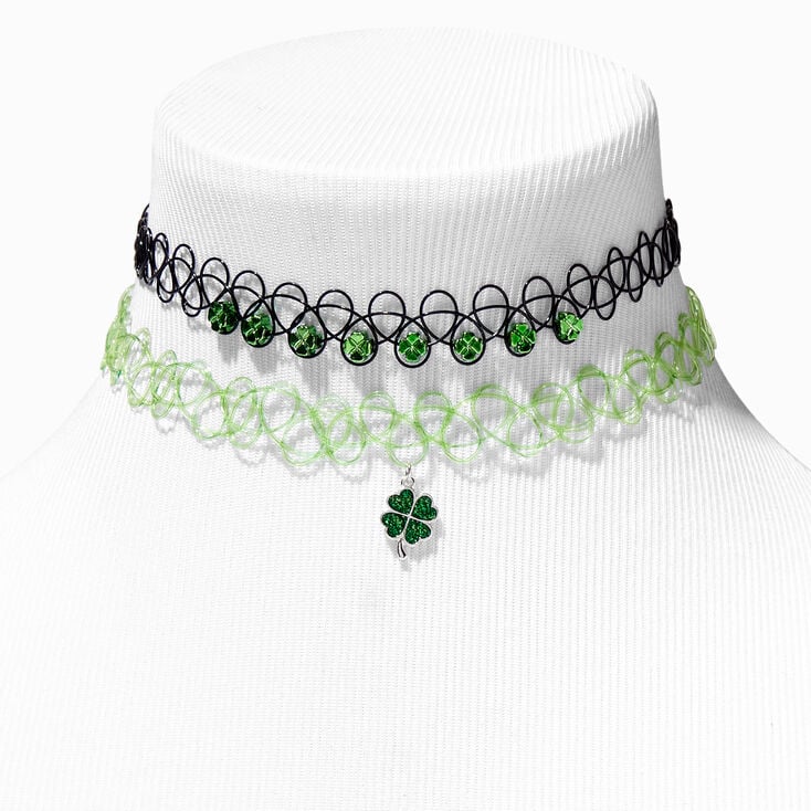 Green &amp; Black Shamrock Tattoo Choker Necklaces - 2 Pack,