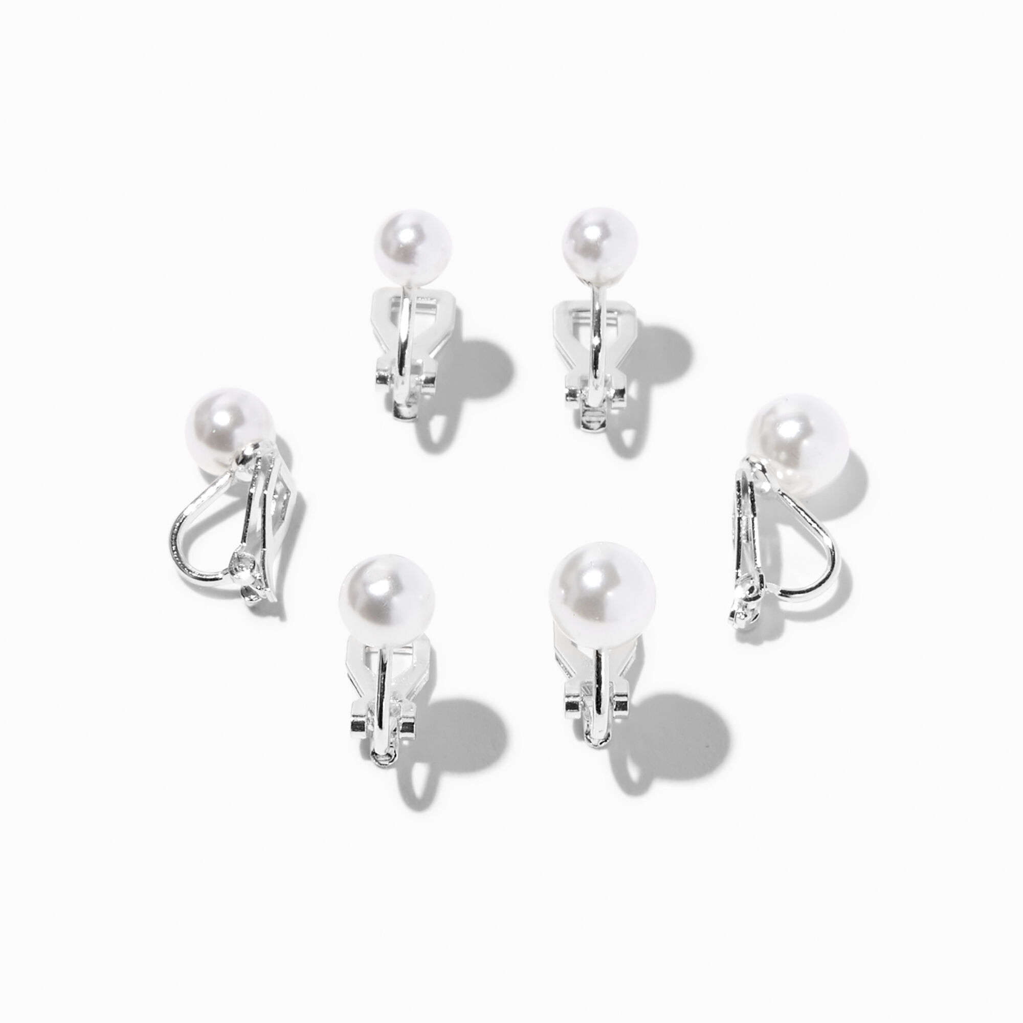 View Claires Graduated Pearl Clip On Earrings 3 Pack White information