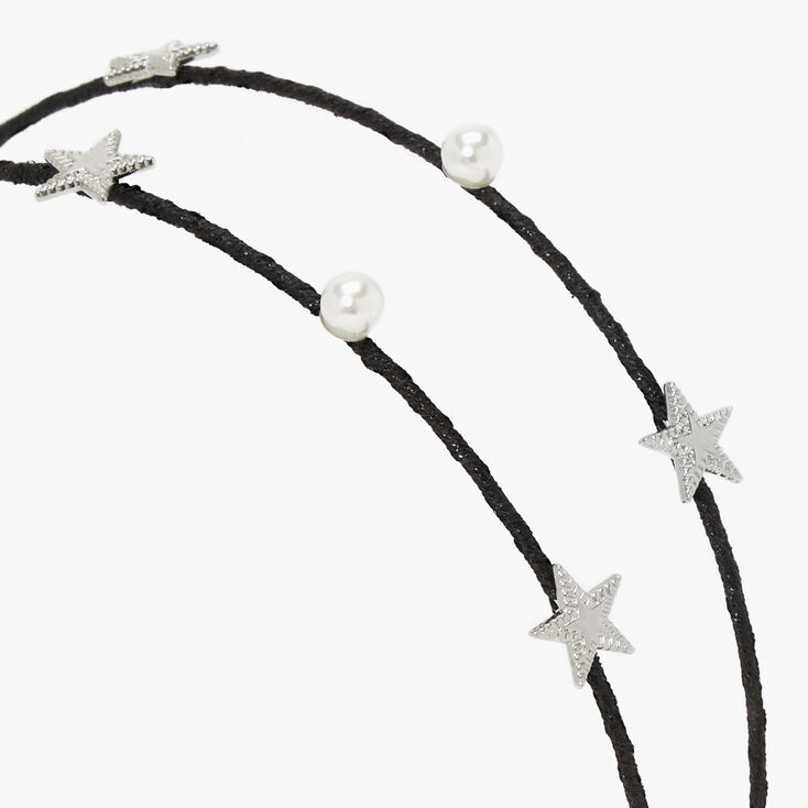 Silver Star &amp; Pearl Double Row Black Headband,