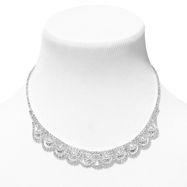 White Pearl &amp; Silver Rhinestone Scalloped Choker  &amp; Drop Earrings Set - 2 Pack,