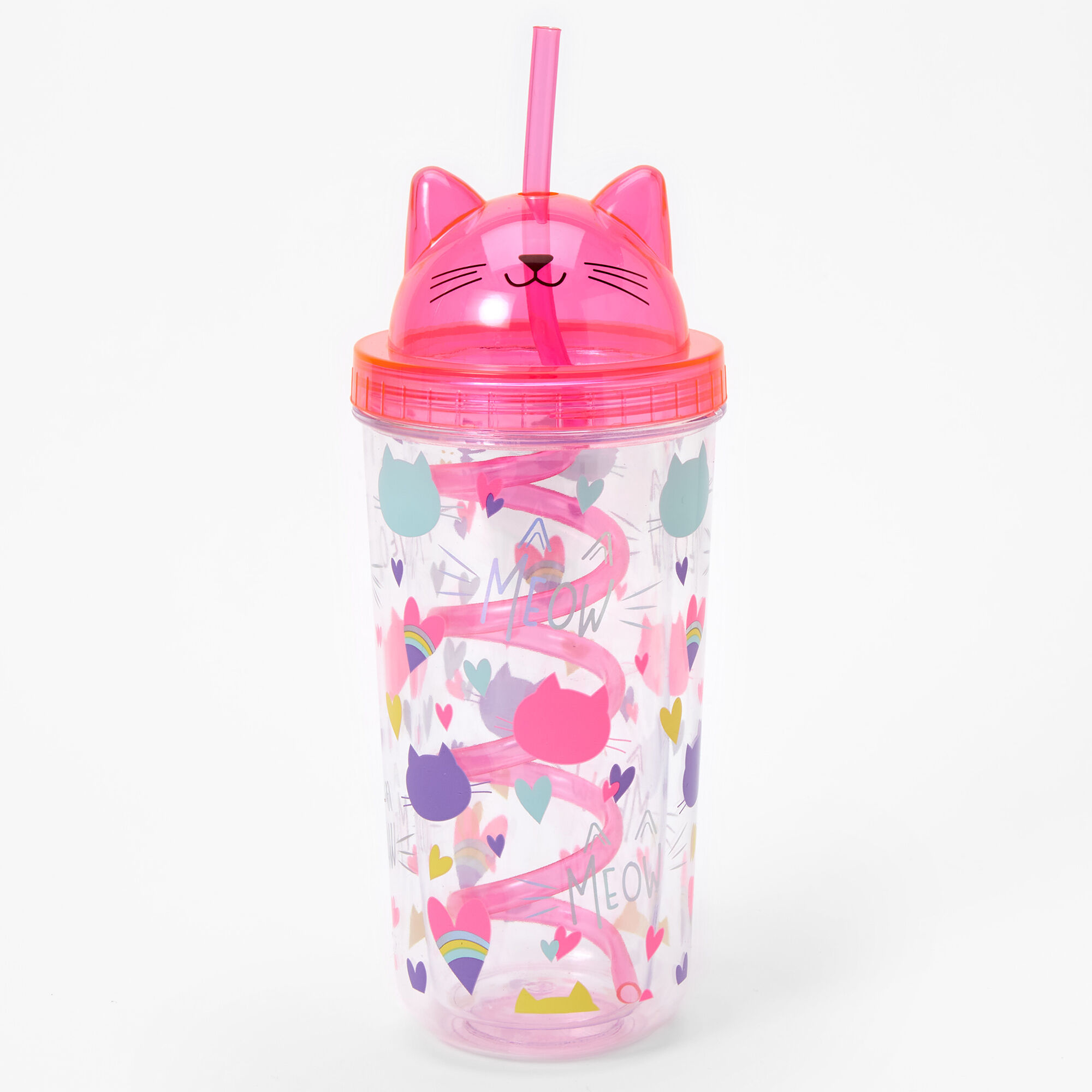 Kawaii Cute Cat Ear Tumbler Cup Water Bottle W Straw & Lid Silver