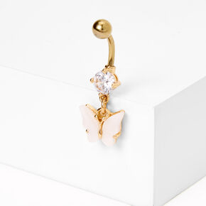 Gold-tone Stainless Steel Cubic Zirconia Butterfly Dangle 14G Belly Bar,