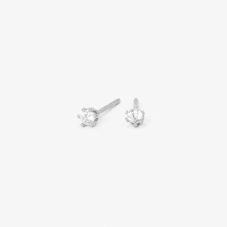 Silver Cubic Zirconia Round Stud Earrings - 2MM,