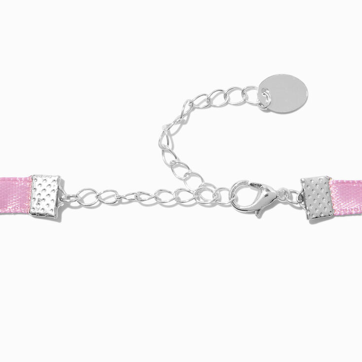 Pink Crystal Heart Pendant Pink Ribbon Choker Necklace ,
