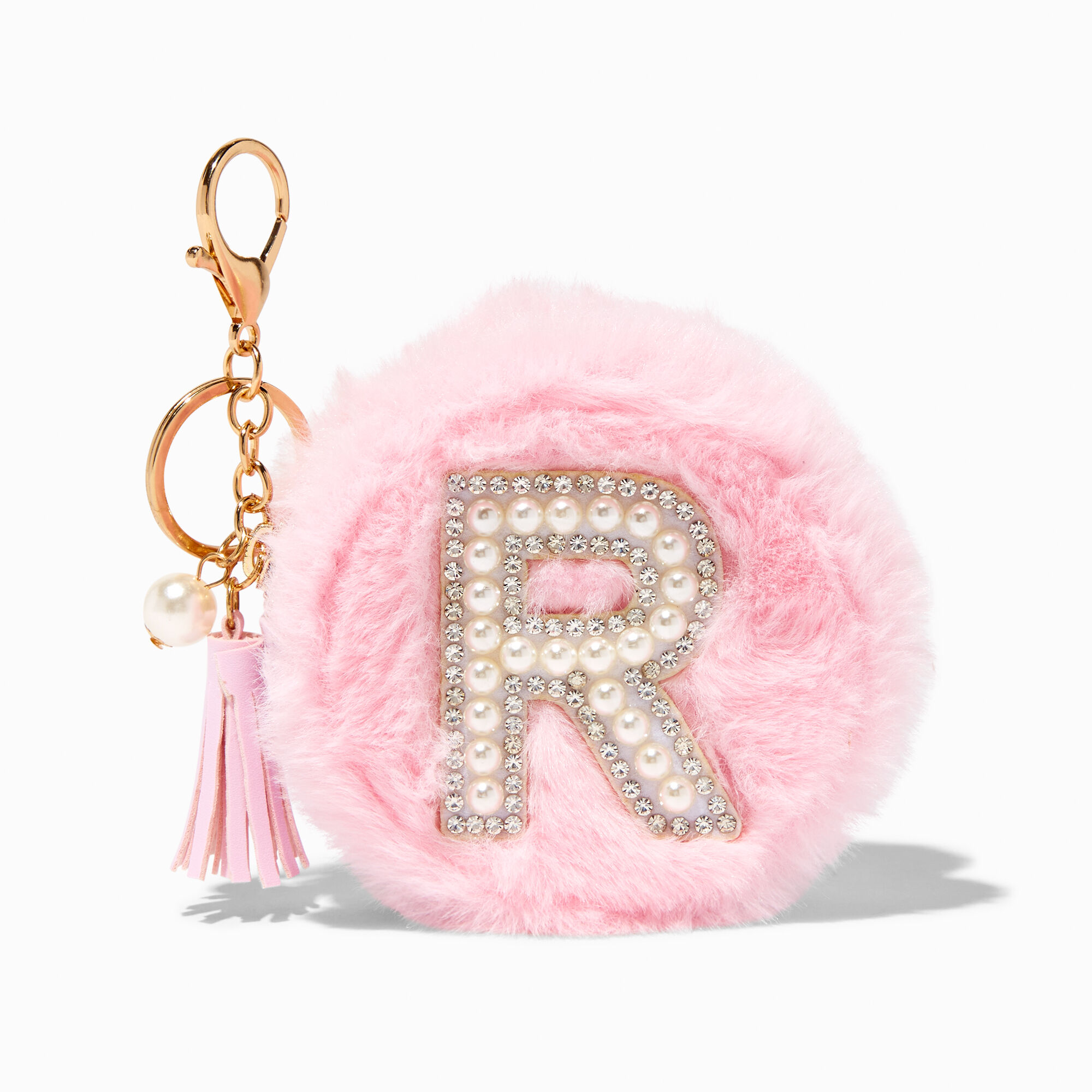 Pink Furry Pearl Initial Coin Purse Keychain R