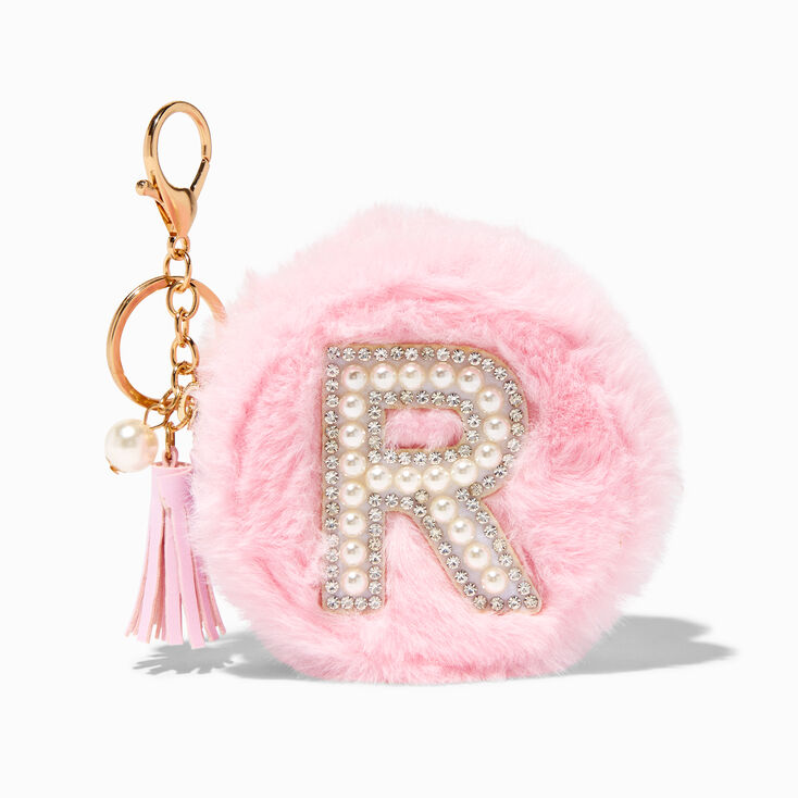 Pink Furry Pearl Initial Coin Purse Keychain - R,