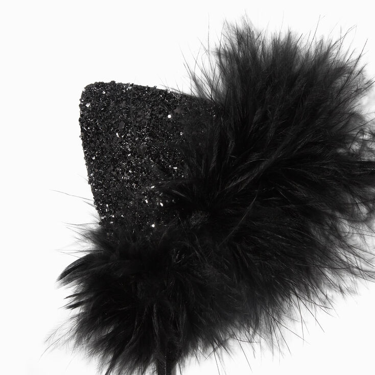 Feathers &amp; Glitter Black Cat Ears Headband,