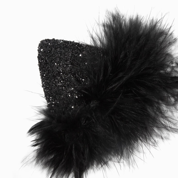 Feathers & Glitter Black Cat Ears Headband | Claire's
