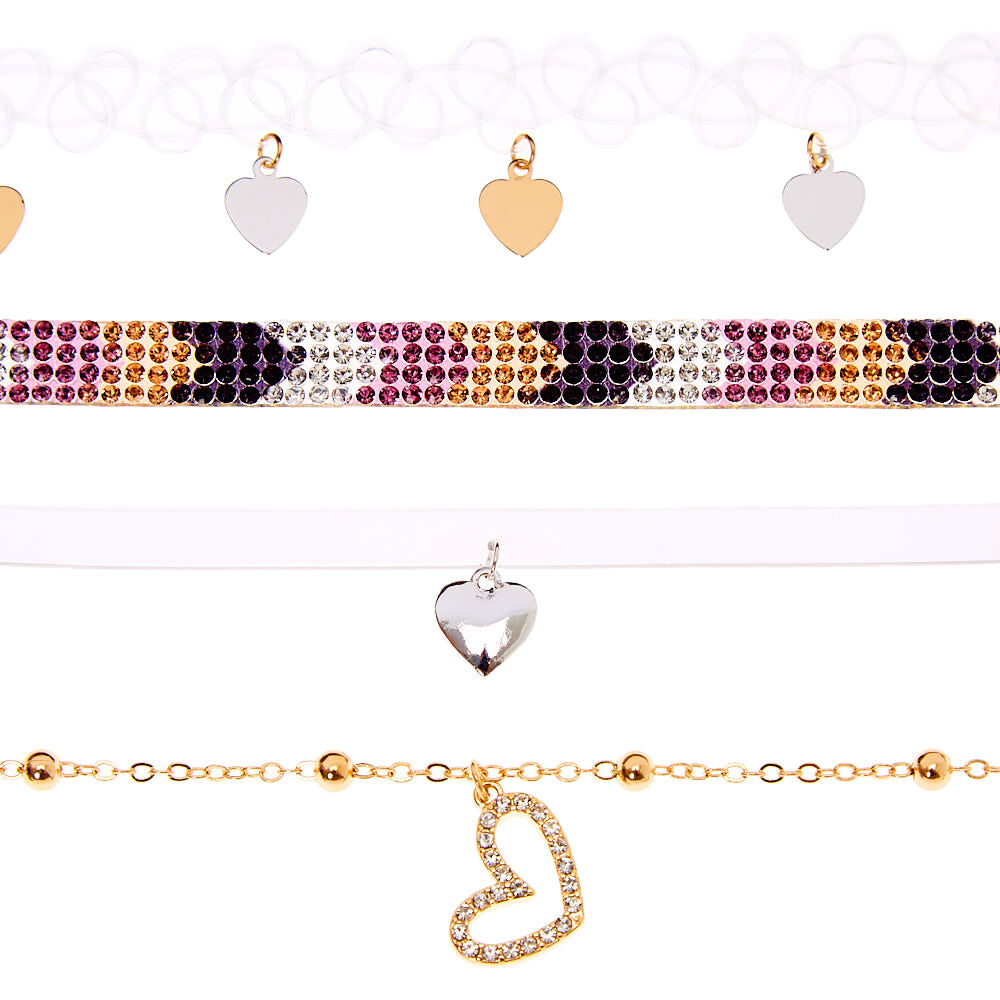 Mixed Metal Chevron Heart Mixed Choker Necklaces - 4 Pack,