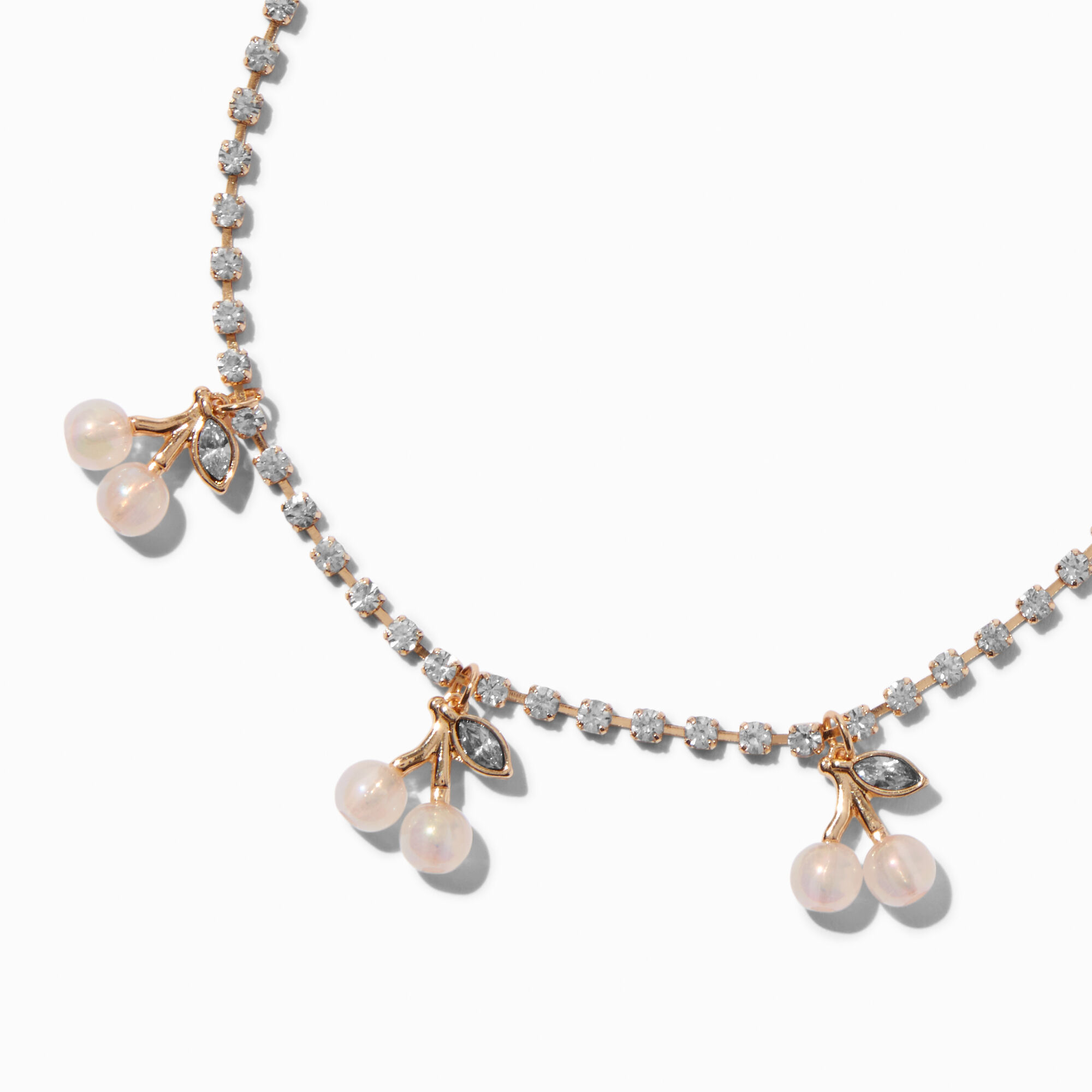 Pearlized Cherry Charm Gold-tone Crystal Cup Chain Choker