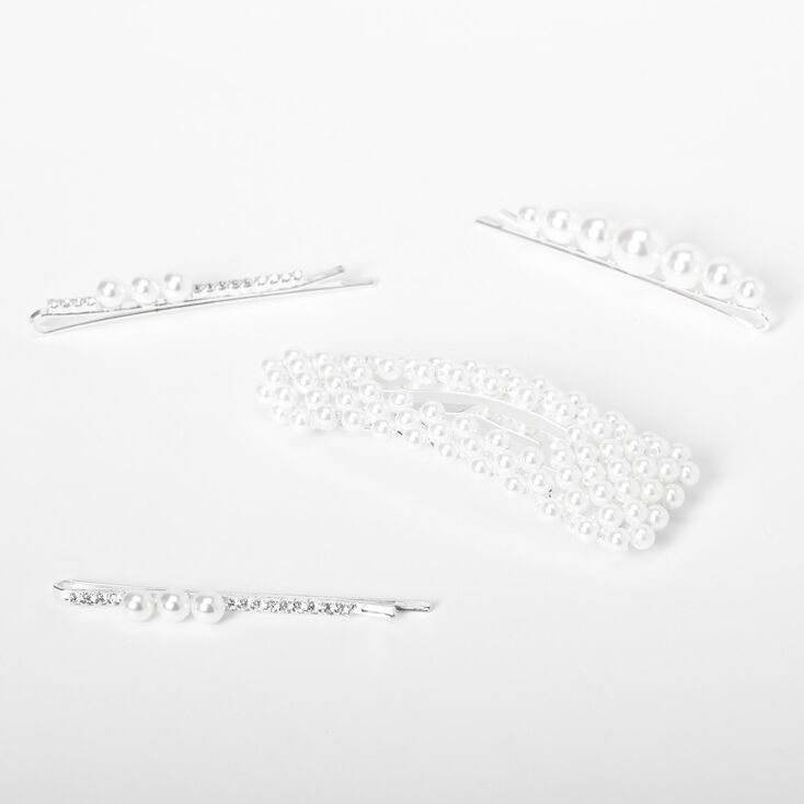 Silver Pearl Hair Pin &amp; Snap Clip Set - White, 4 Pack,