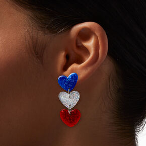 Blue, White, &amp; Red Glitter Heart Trio Drop Earrings,