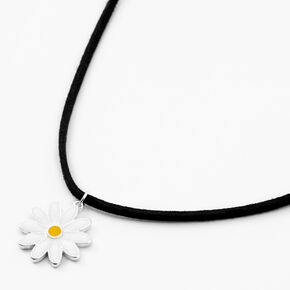 Collier en corde &agrave; pendentif marguerite noir et blanc,