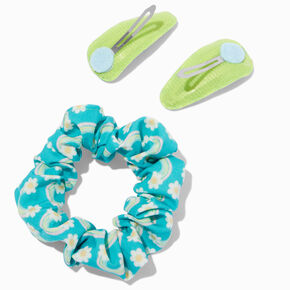 Claire&#39;s Club Teal Rainbow Scrunchie &amp; Hair Clip Set - 3 Pack,