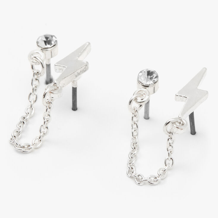 Silver Lightning Bolt Connector Chain Stud Earrings,